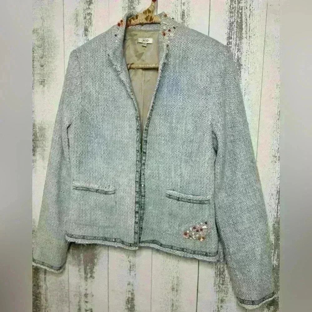 CACHE Boucle Tweed Top Jacket Lined Embellished Beads - Picture 4 of 7